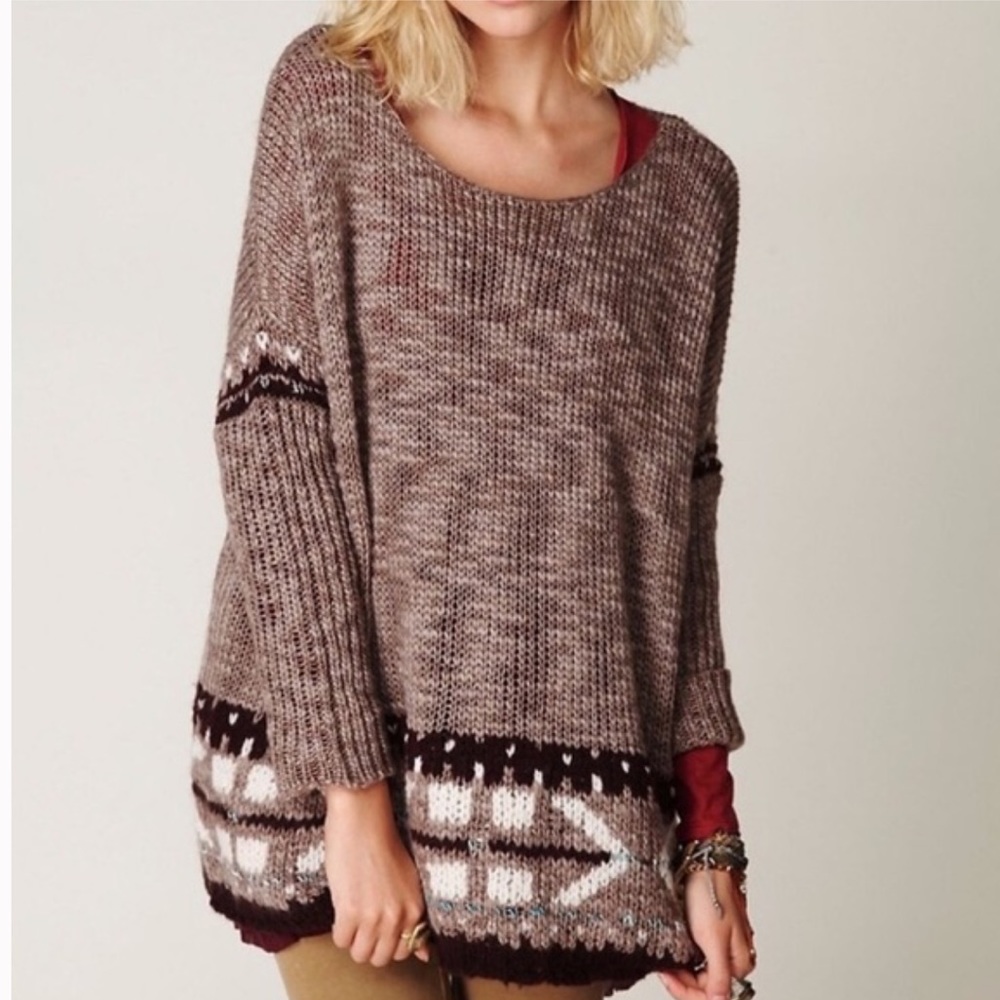 Free People Boho Brown Neutrals Slouchy Knit Mohair Oversized Sweater Small